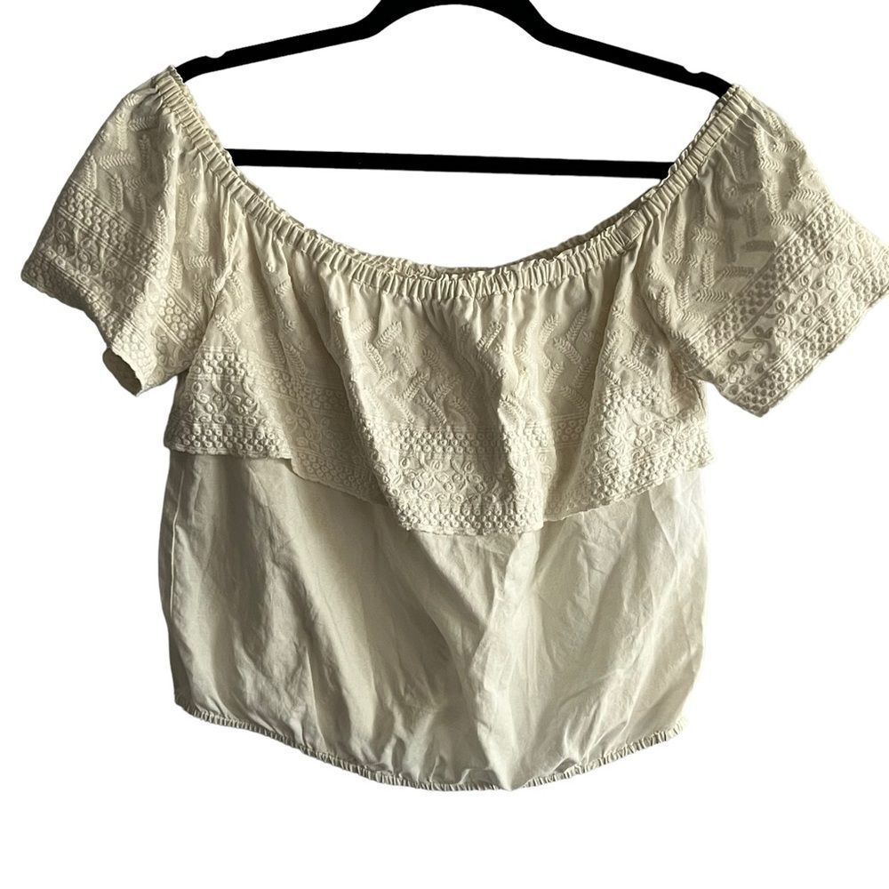 Lucky Brand Cream Embroidered Off the Shoulder Ruffle Top